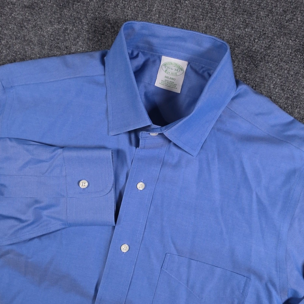 Brooks Brothers Dress Shirt Mens 15.5-34 Blue Milano Fit Button Supima Non-Iron